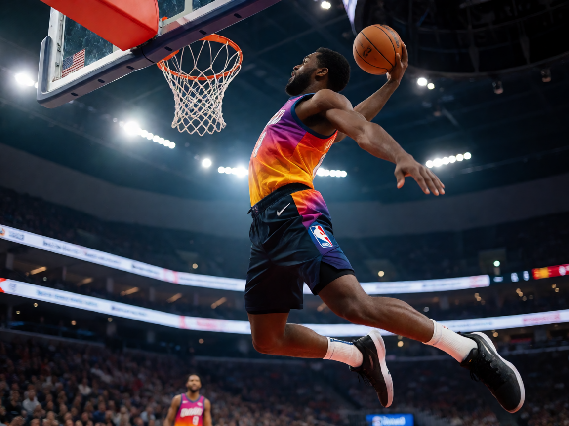 NBA篮球比赛现场，球员高高跃起进行扣篮